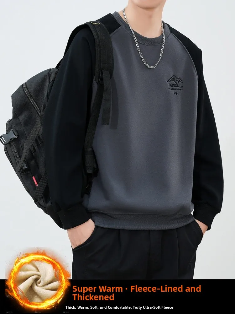 

Thiened Hoodl Long Sve round Ne Sweatirt for Men Fce Lined Spring Base irt Student Cotton Crew Ne Sweatirt