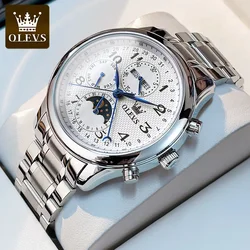 OLEVS-Montre Mécanique existent pour Homme, Acier Inoxydable, Calendrier Touriste, Phase de Lune, Étanche, Mode Business, Montres-Bracelets