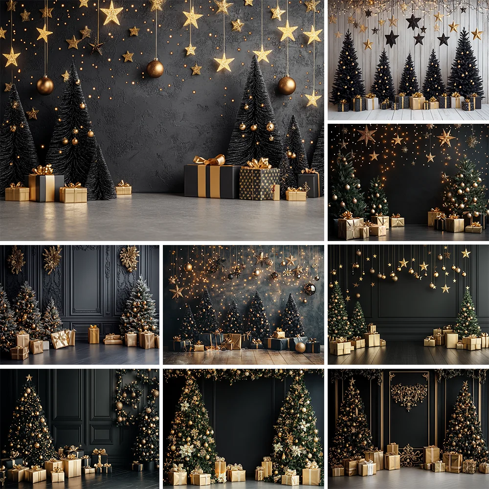

Photography Background Christmas Indoor Black Wall Gifts Xmas Tree Kids Family Portrait Decor Backdrop Photo Studio