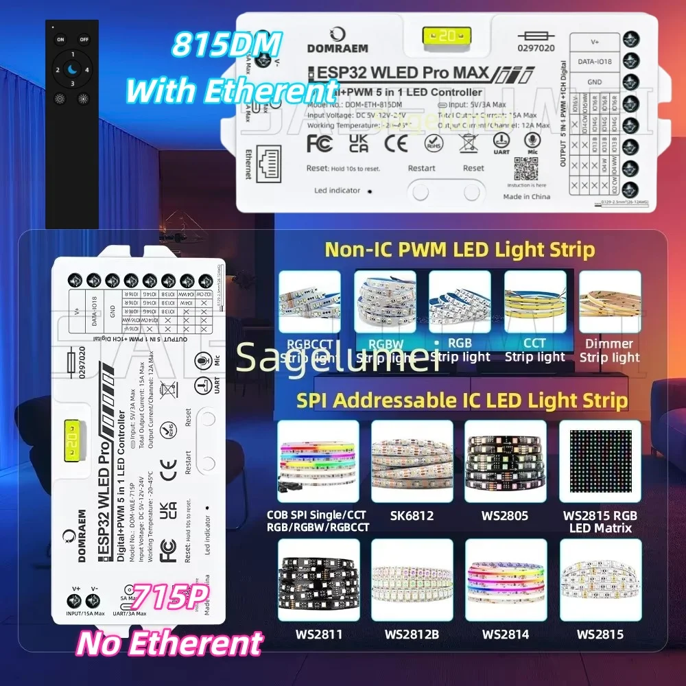 DOMRAEM WLED WiFi Remote-ESP32 Ethernet WiFi 5-in-1 LED Controller Sound Mic Digital Pixel PWM Single CCT RGB RGBW RGBCCT Driver