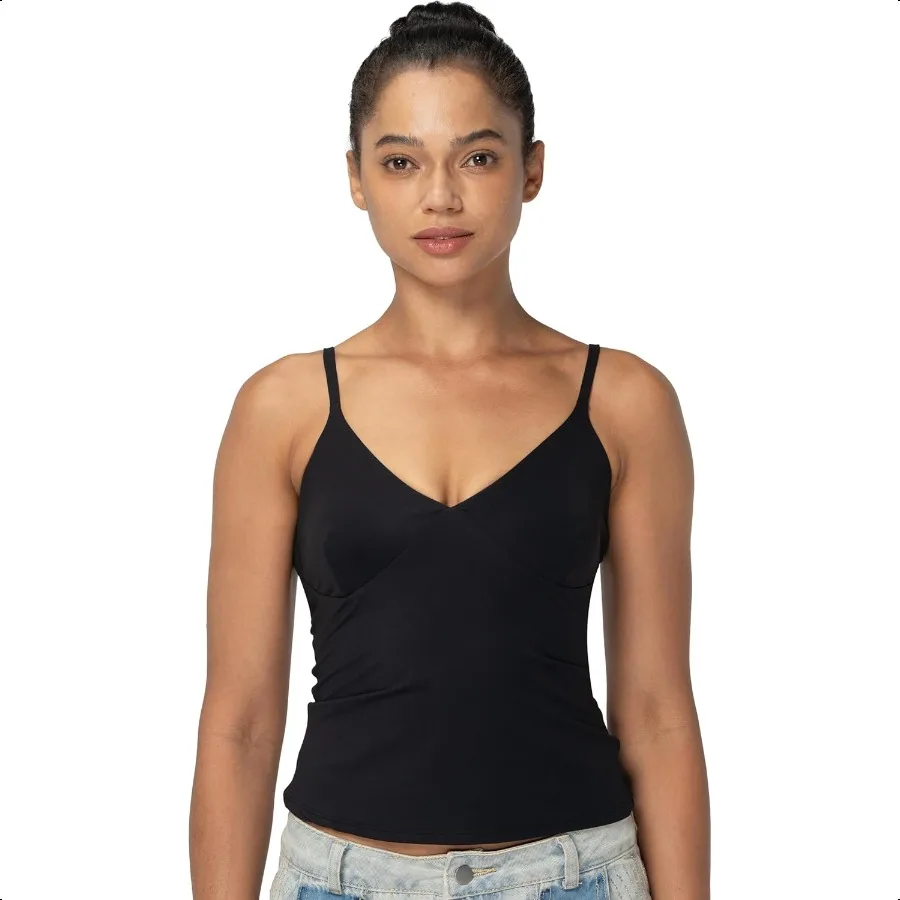 レディース トップス セクシー V ネック キャミソール スパゲッティ ストラップ付き 二重裏地 トレンディ ベーシック タンク 秋のお出かけ用