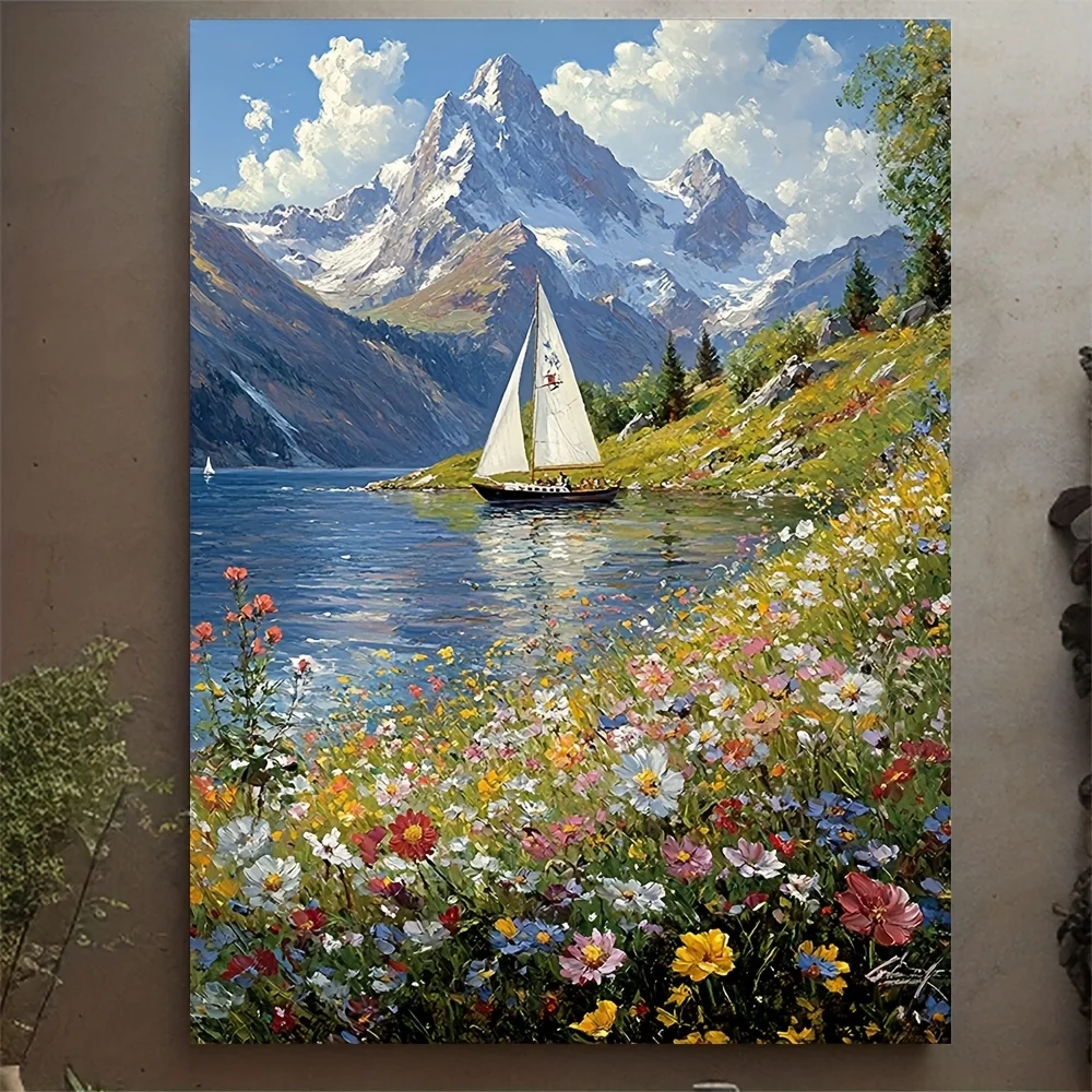 Mountain Lake Canvas Art with Sailboat, Wildflowers & Snowy Peaks - No Frame, Vibrant Nature Wall Decor for Living Room, Bedroom