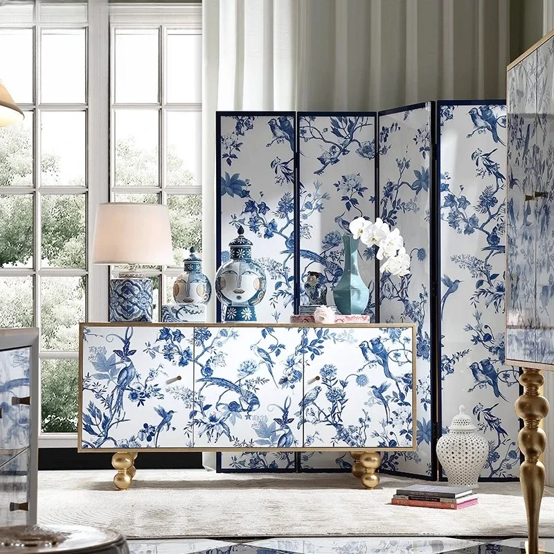 

French Chinese style dining side entrance cabinet Chinese blue and white porcelain screen decoration home American solid wood
