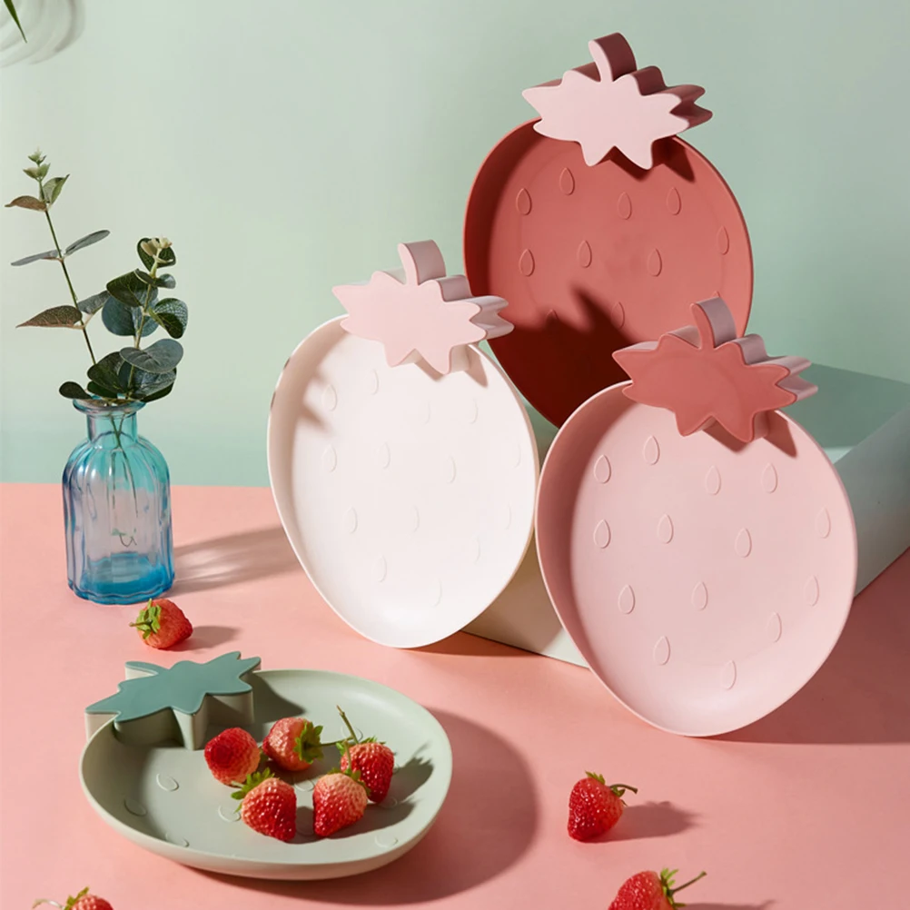

3pcs Fruit Plate Snack Serving Plate Food Tray Strawberry Shape Design for Living Room (Purplish Red)