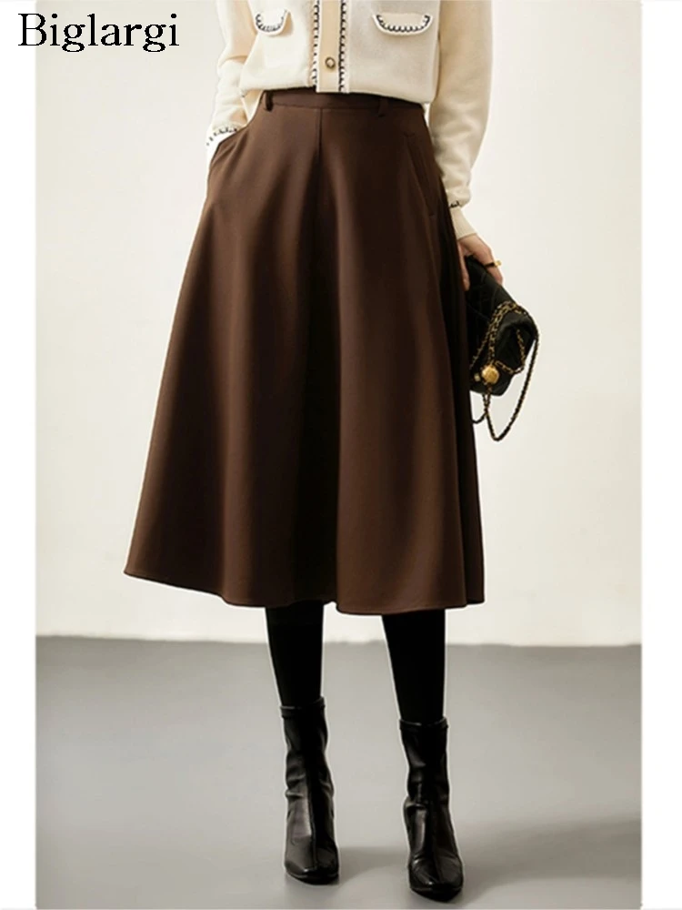 

Autumn Midi Skirt Women Ruffle Pleated Loose Korean Style Fashion Office Ladies Skirts high Waist Casual Woman Skirt