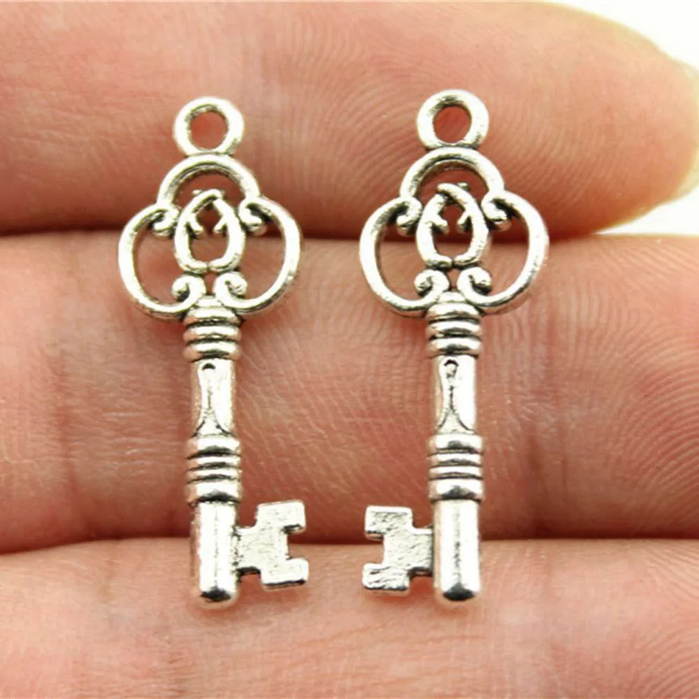 10pcs/lot 29x10mm Key Charms For Jewelry Making Antique Silver Color 1.14x0.39inch