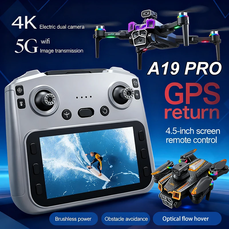 A19 PRO GPS Drone 8K Telecamera professionale Antenna 5G FPV Spazzola Laser Ostacolo con grande schermo Telecomando Pieghevole Droni Giocattoli