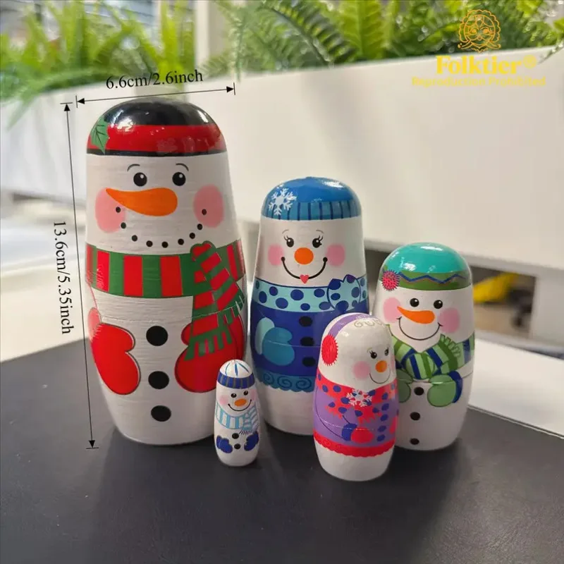 

Handicrafts 5Pcs/Set Xmas Matryoshka Doll Wood Smooth Snowman Russian Doll craft Safe Christmas Nesting Dolls Brithday Gifts