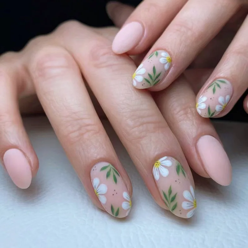 24Pcs Green Round Head False Nail with Flower Pattern Design Stick on Nails Press on Sets Finished Acrylic Oval Short Fake Nails 4