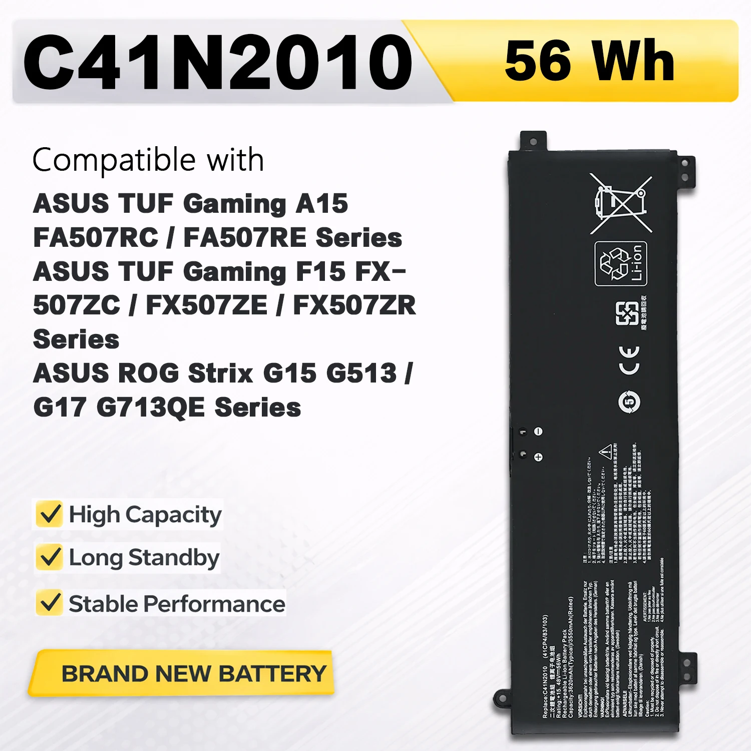 PowerHub C41N2010 15.48V 56Wh Laptop Battery For ASUS TUF Gaming A15 F15 FA507 FX507 ROG G513 G713 0B200-03890000 0B200-03890200