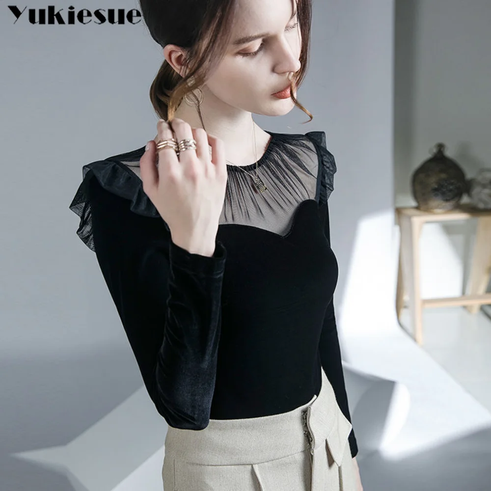 Spring New Women Fashion Harajuku Leisure Patched Mesh Crew Collar Velvet Stretch Elegant T Shirts Lady Ruffles Long Sleeve Tops