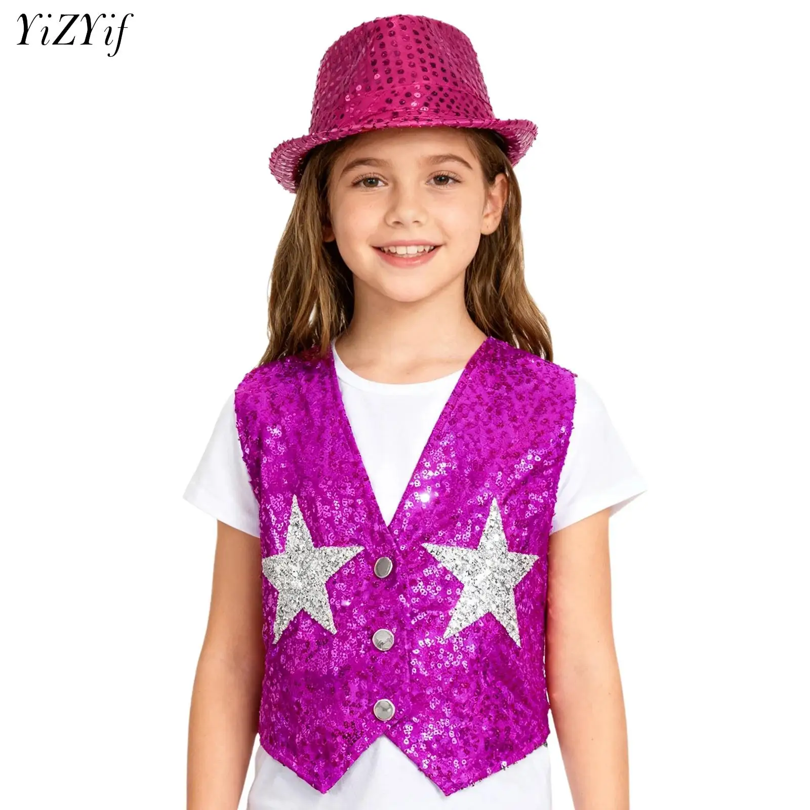 

Жилет для уличных танцев в стиле хип-хоп с блестящими пайетками для мальчиков и девочек, жилет на пуговицах с v-образным вырезом и шляпой Fedora, школьная сценическая одежда для шоу
