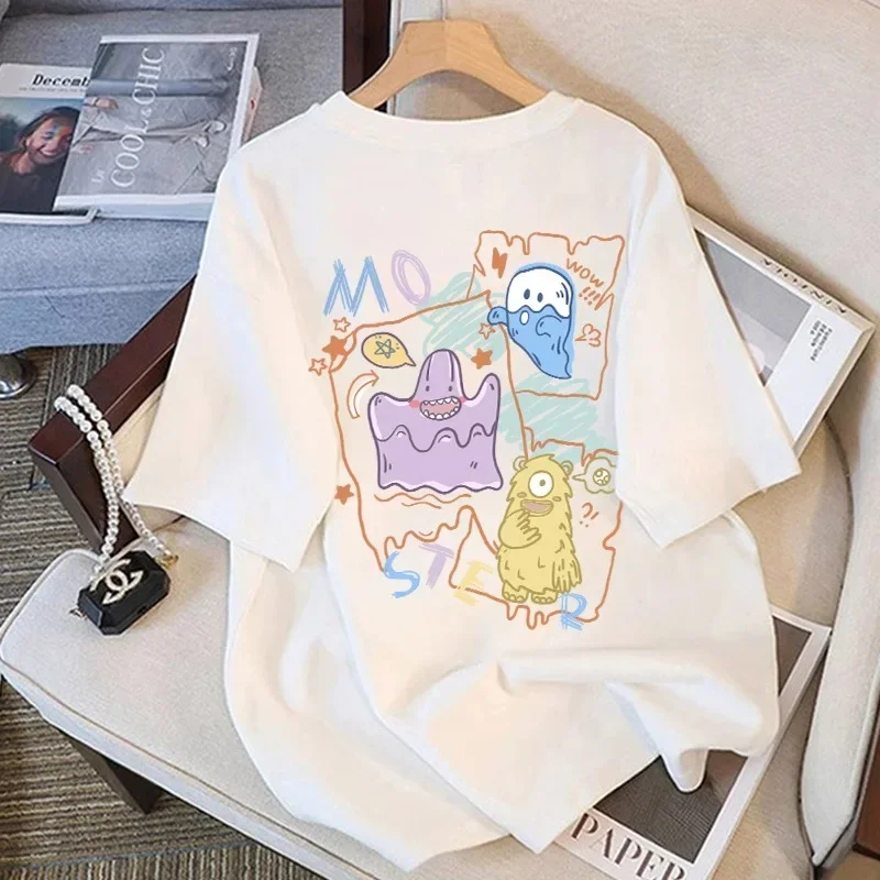White Ort Sve T-irt Women's Spring Summer Cartoon Design Unique Top Korean Sle Round Ne Women Clothing Graphic T Shirts Y2K Top