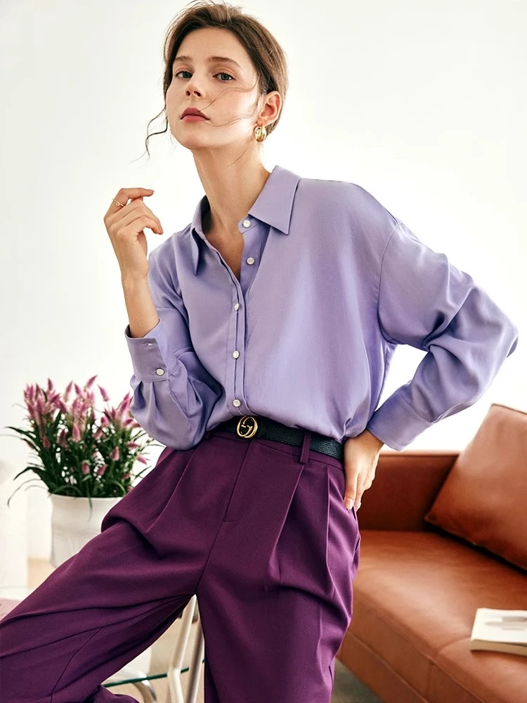 

OLrain Women's Shirts 2025 Autumn Casual Pleated Asymmetrical Long Sleeve Tops French Turn-down Collar Ladies Blouse O57QC62963