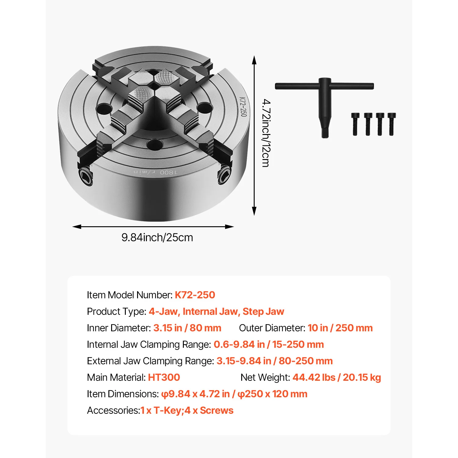 SucceBuy 3 In/10 In Draaibank Chuck 4-Jaw T-sleutel Bevestigingsschroeven Omkeerbare Kaken HT300 Materiaal Intern Extern voor Metalen Draaibank Gebruik
