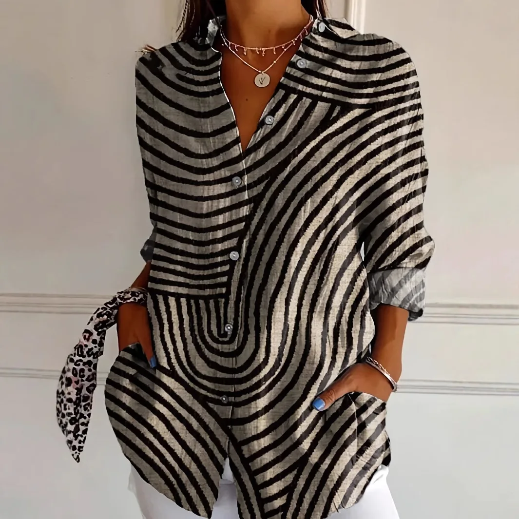 

Women's Fashion Casual Stripe Print Loose Women's Button Shirt Top V Neck Long Sleeve Office Commuter Women's Street Party Top