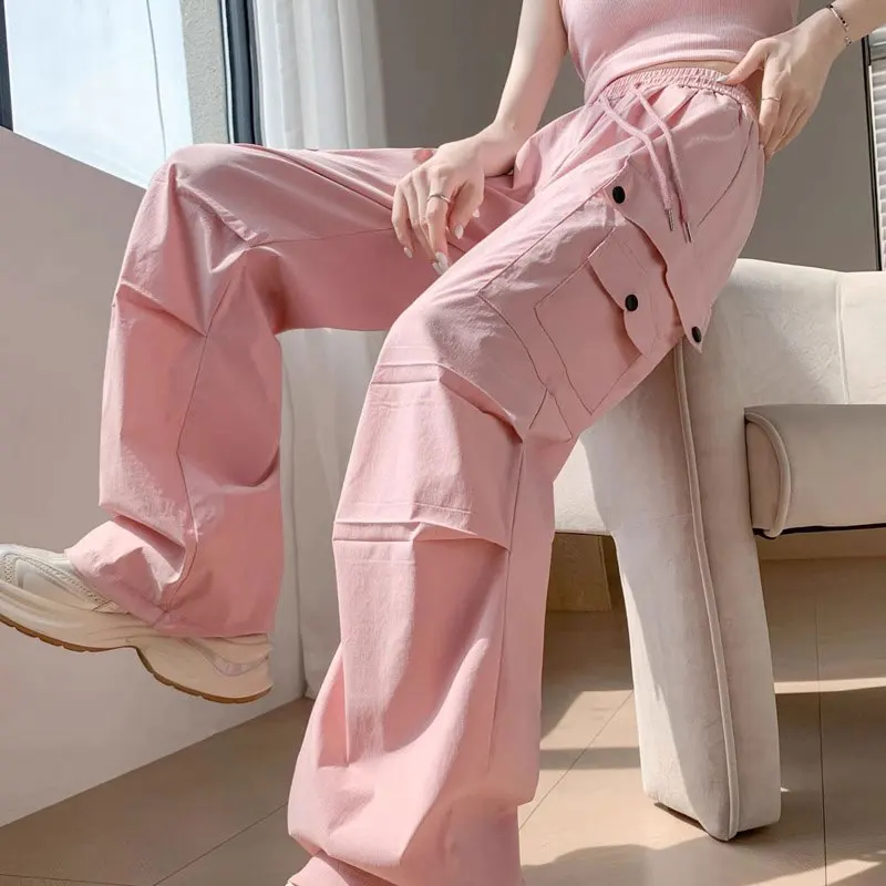 

American Style Ice Silk Quick Dry Work Pants Women Summer Thin Straight Leg Wide Leg Pants Loose Slim High Waist Casual Sport...