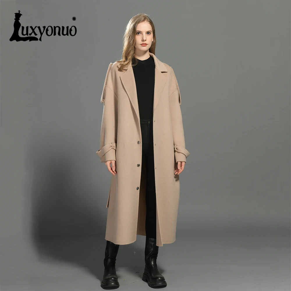 

Женское шерстяное пальто Luxyonuo, длинный тренчкот с воротником из натуральной монгольской овечьей шерсти, женская зимняя Свободная верхняя одежда, Новое поступление