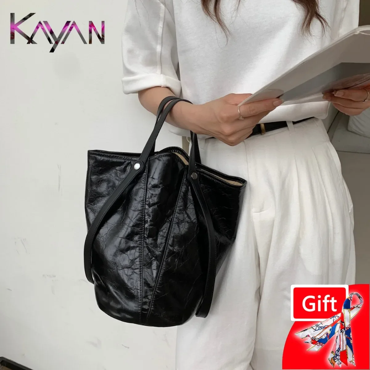 Luxury Design High Quality Oil Wax Leather Women Shoulder Bucket Handbag Genuine Cowhide Female Underarm Crossbody Bag Tote Bag