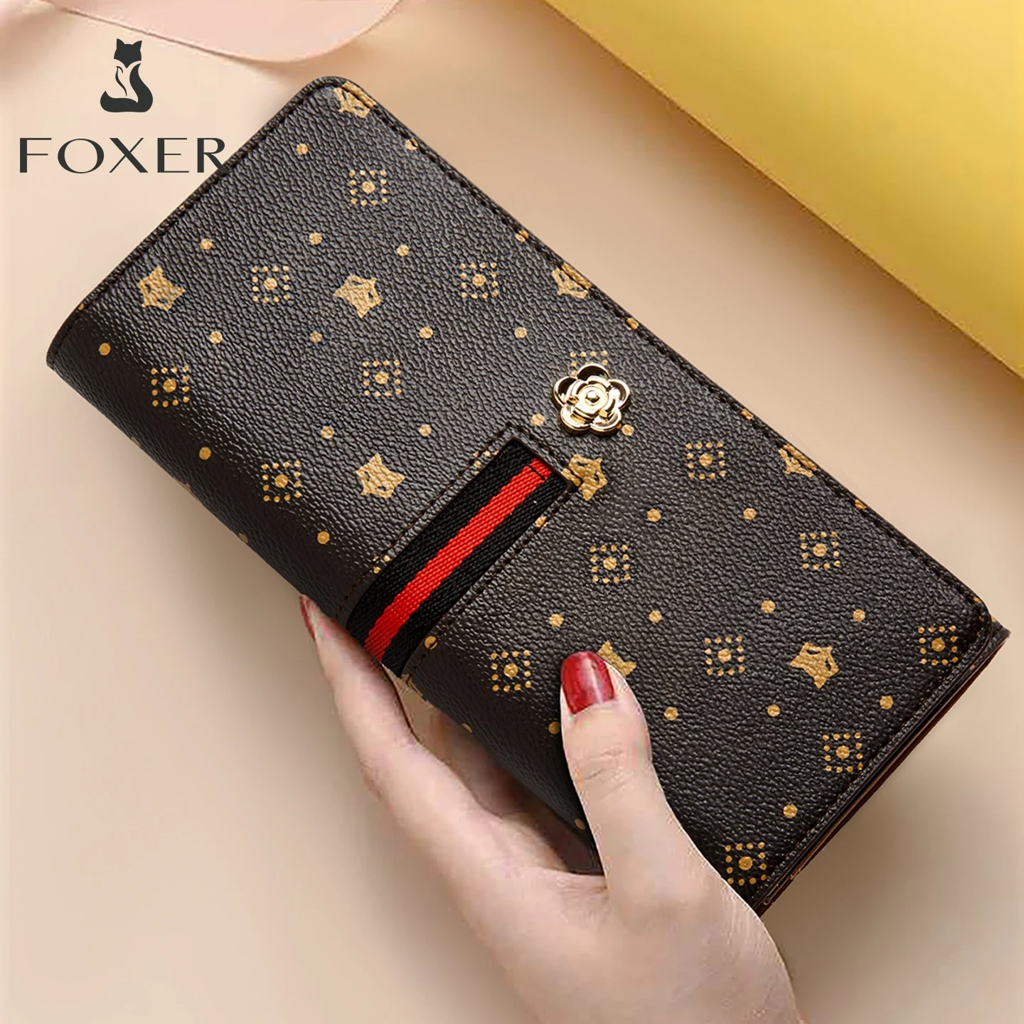 FOXER Women's Long Wallet PVC Monogram Zip Lady Card Holder with Wrist Strap Flower Decor Fashion Female Wristlet Phone Wallet