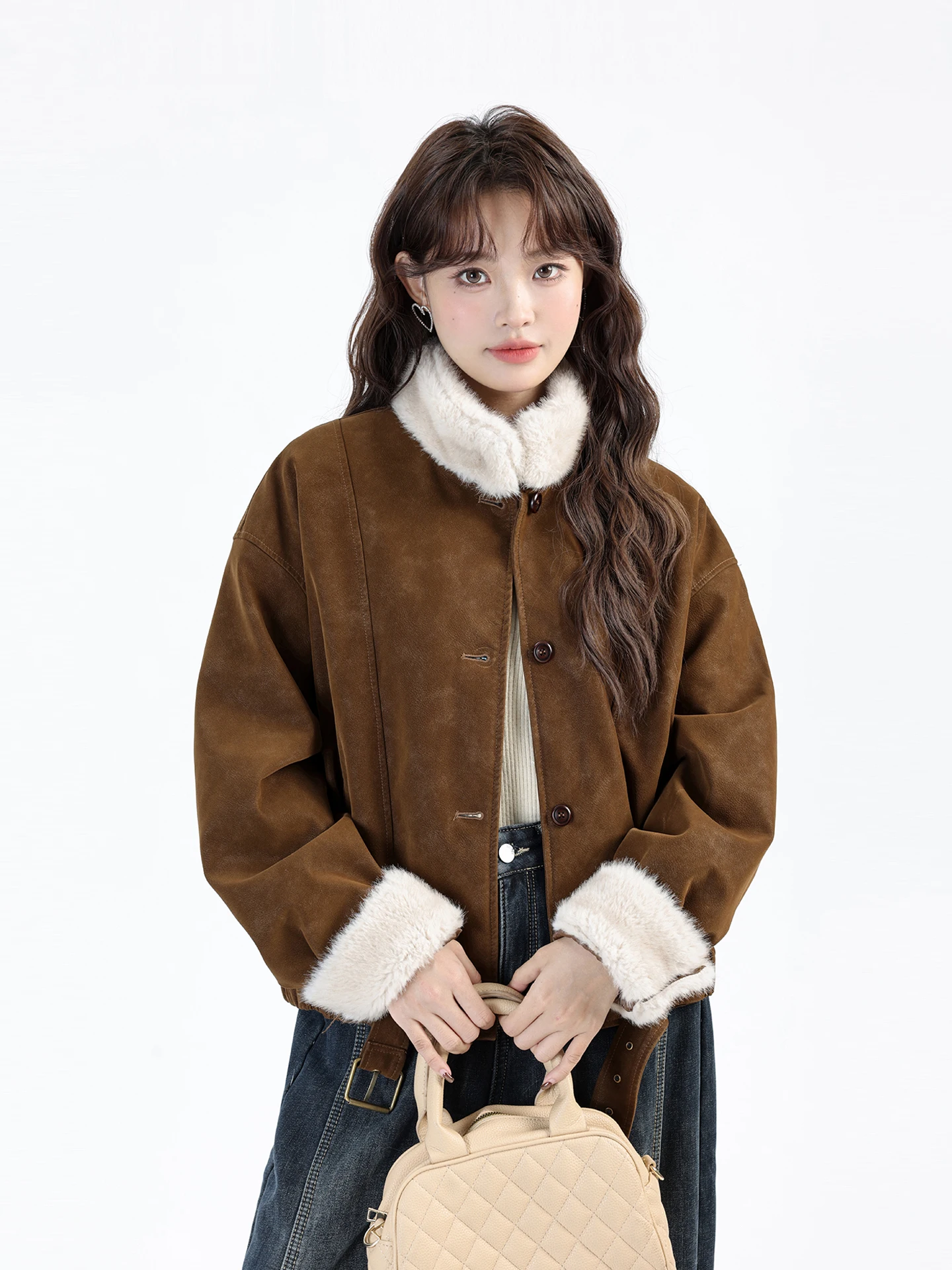 Retro Sle Damen-Jaset-Biker-Mantel aus fein gefüttertem Wildleder, wärmend, integrierter Leder- und Pelzmantel für den täglichen Gebrauch von Damen