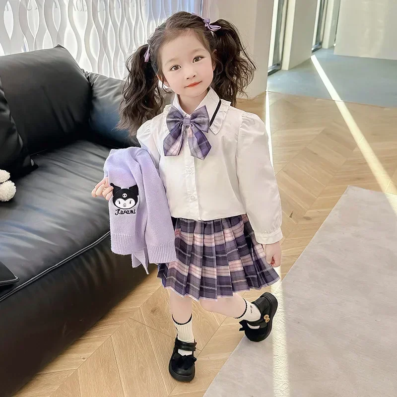 女の子のためのプリーツスカートとユニフォームのセット,jkユニフォーム,大学スタイル,サンリオ黒美,かわいい,子供のためのフェスティバルセーター,3個