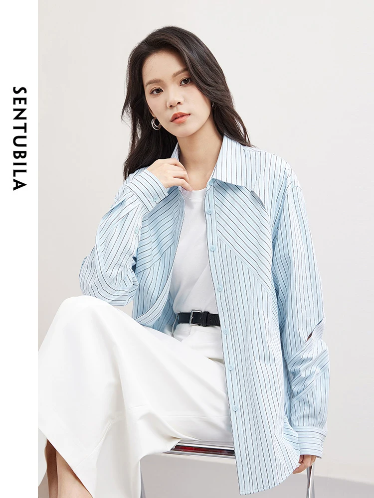 SENTUBILA Irregular Striped Women\'s Blouse 2024 Spring Hollow Out Casual Button Up Polo Collar Long Sleeve Shirts Tops 141C53285