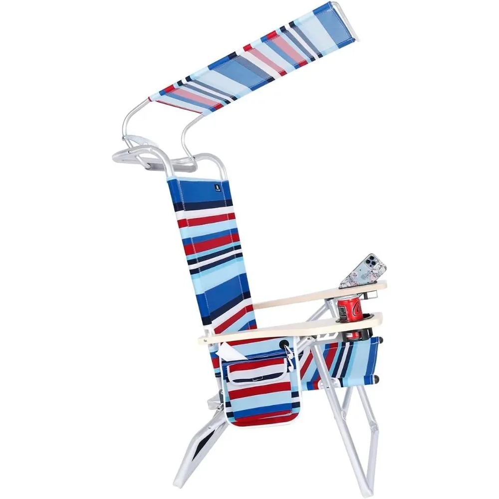4 Reclining Positions Lightweight High Aluminum Beach Chair with Canopy Shade for Adults, Drink Holder