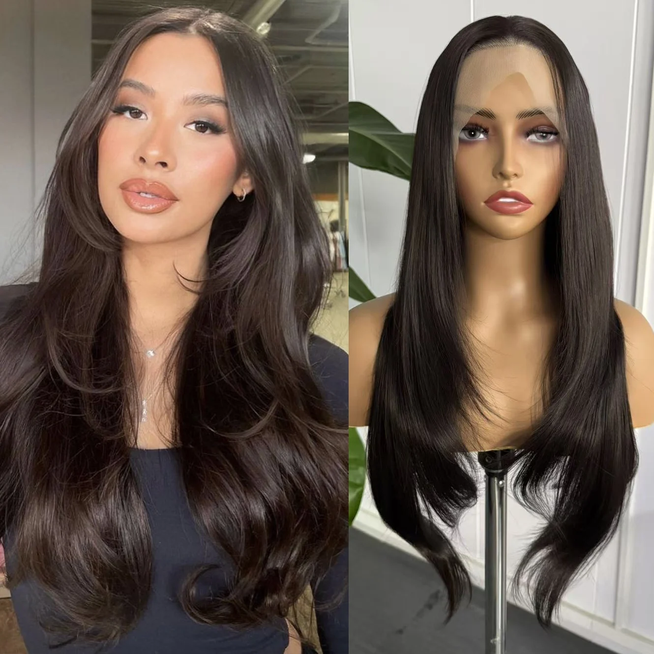 

Natural Black Layered Cut Wig Long Straight Lace Front Wigs for Women 13x4 Synthetic Hair Free Part Daily Use Natural Hairline