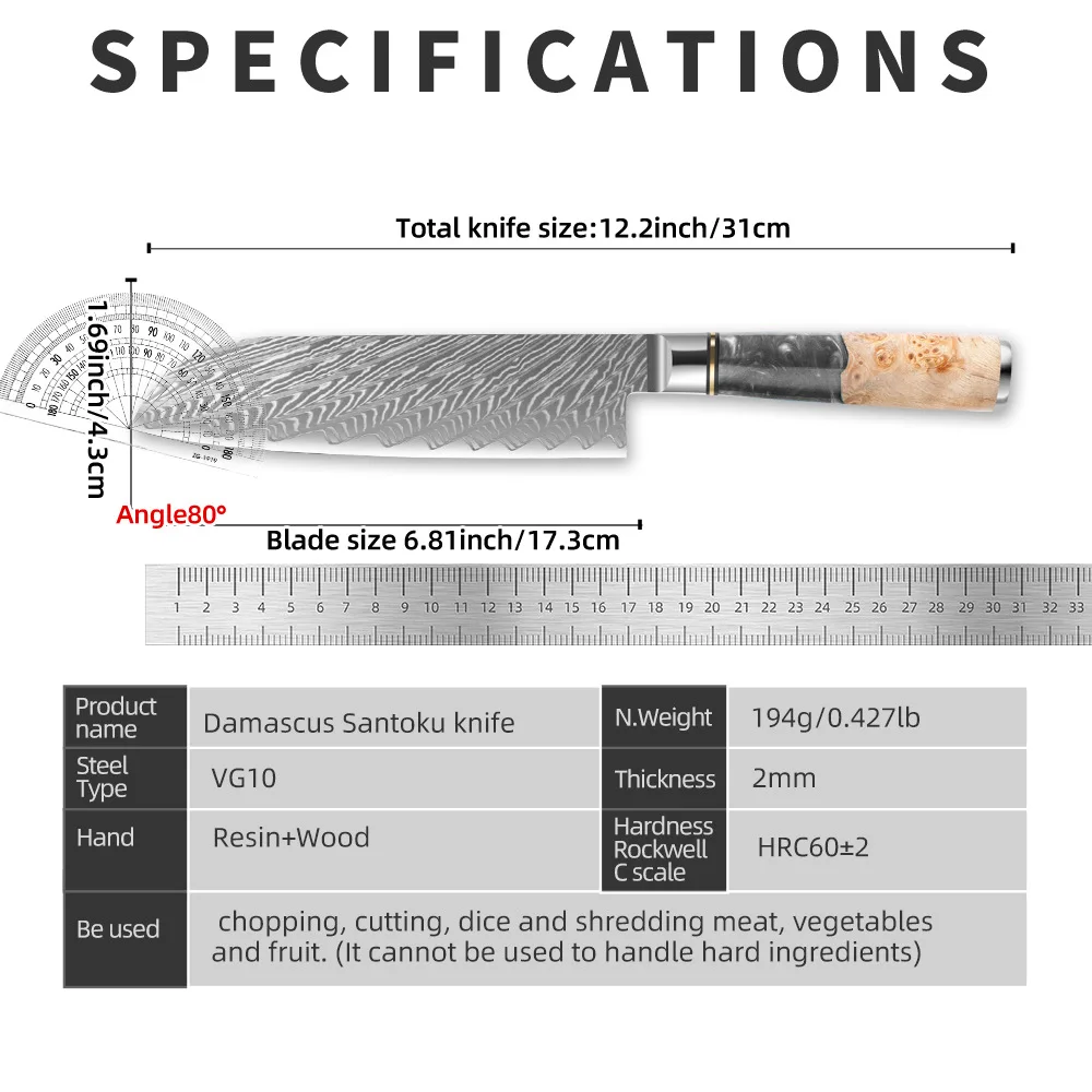 6.8 Inch Santoku Knife 73-Layers Damascus VG10 Steel Blade Sharp Chef Slicing Cleaver Japanese Kitchen Knife Resin & Wood Handle