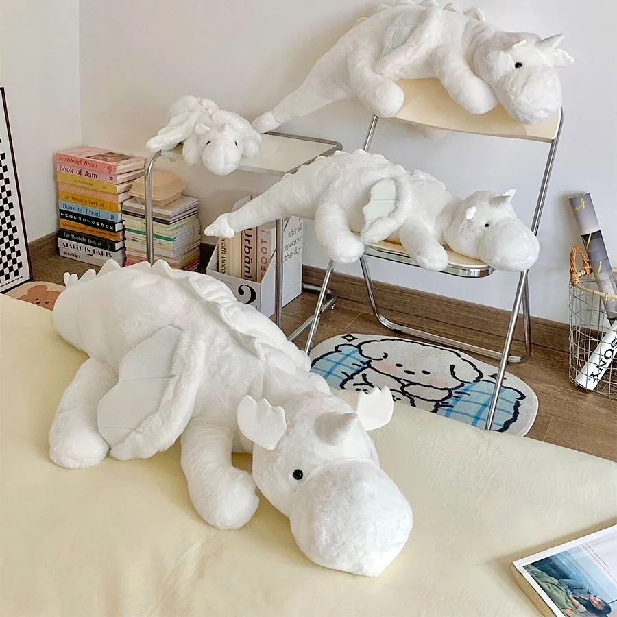 Juguete de peluche de dragón volador blanco muy suave de gran tamaño, cómodo y peludo, almohada de dinosaurio de Anime, decoración del hogar,