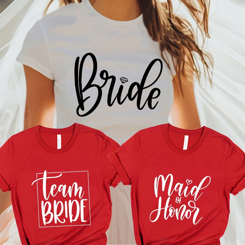 Engaged Women’s Bridal Shower T-shirt, Team Bride Squad Bachelorette Party Top, Hen Party Bridesmaid Shirts, Maid of Honor Tees