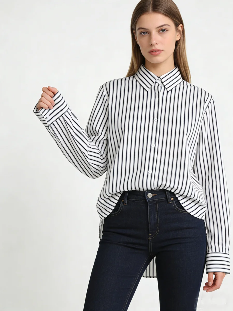 

Женская классическая черно-белая полосатая рубашка с длинным рукавом, свободная посадка, повседневная офисная блузка, модный топ из мягкой ткани, повседневный женский топ