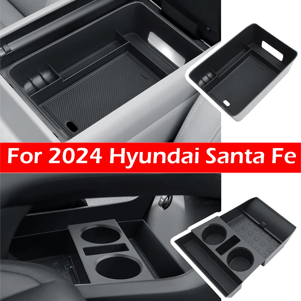 

For 2024 Hyundai Santa Fe Insert Glove Pallet Organizer Under Center Console Armrest Storage Box Tray with Cup Holder