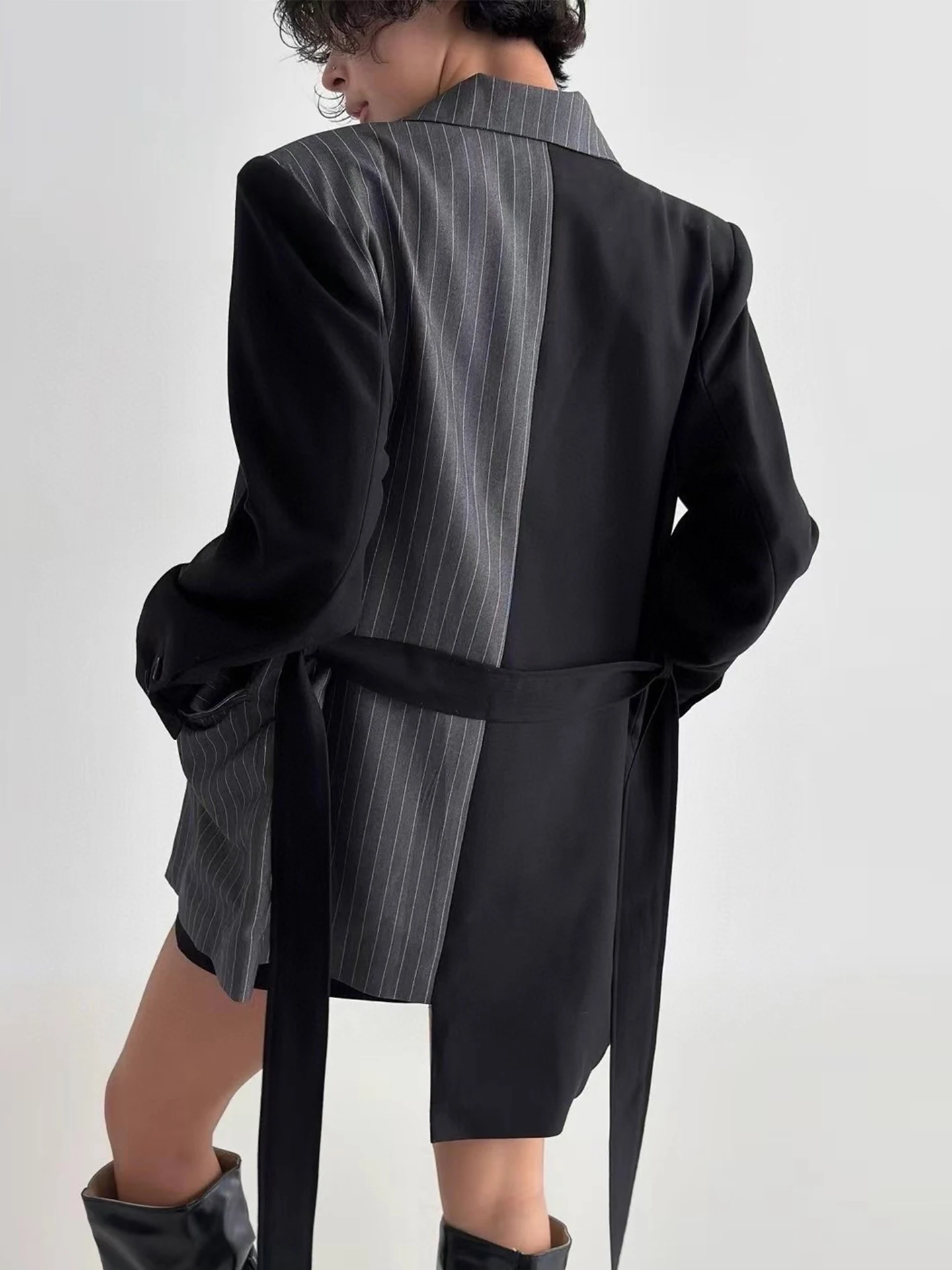 Chic Autumn Asymmetric Color Blo Striped Belted Long Sve Suit Jaet Women's Commute Sle Loose Fit Double Breasted