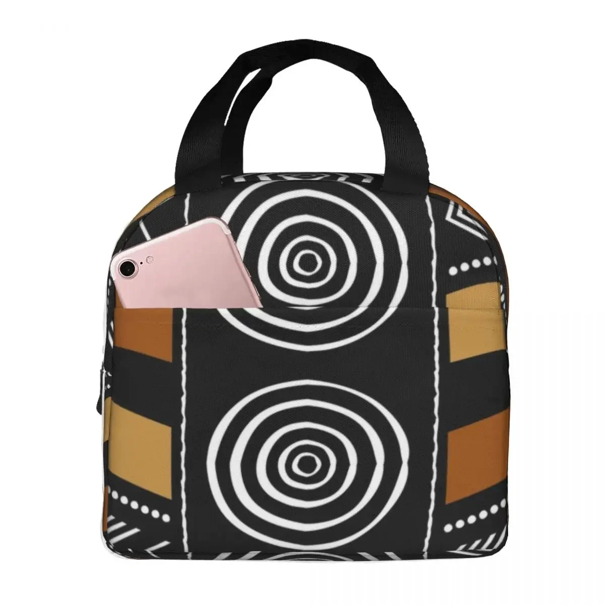 African Mud Cloth Thermal Insulated Lunch Bag Women Tribal Ethnic Bohemian Portable Lunch Container for Multifunction Food Box
