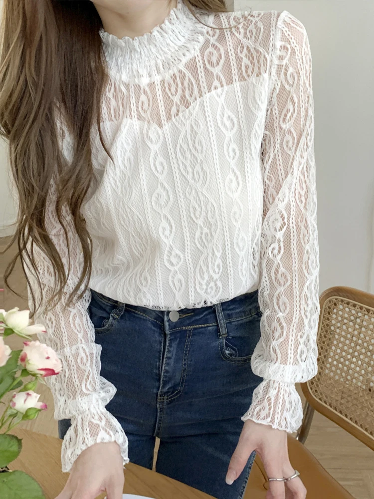 

White Lace Blouses Women Korean Fashion Sexy See Through Shirts Female Autumn Elegant Long Sleeve Half High Collar Mesh Tops