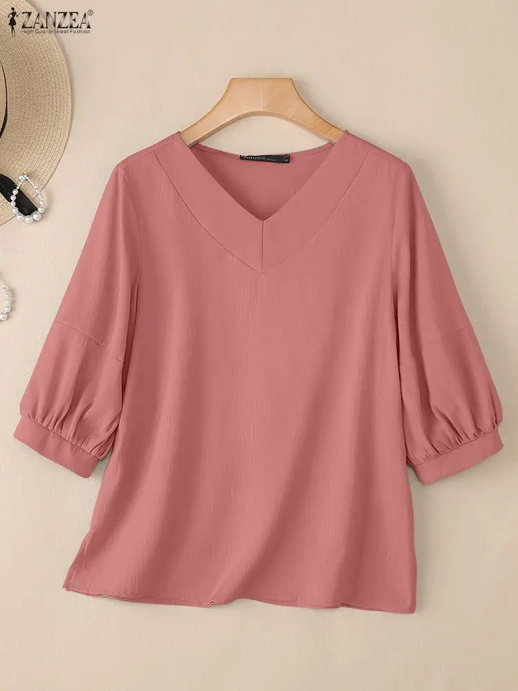 

ZANZEA 2025 Autumn Blouse Stylish Women Tops Tunic Elegant V Neck Lantern Sleeve Blusas Casual Solid OL Work Shirt Mujer Female