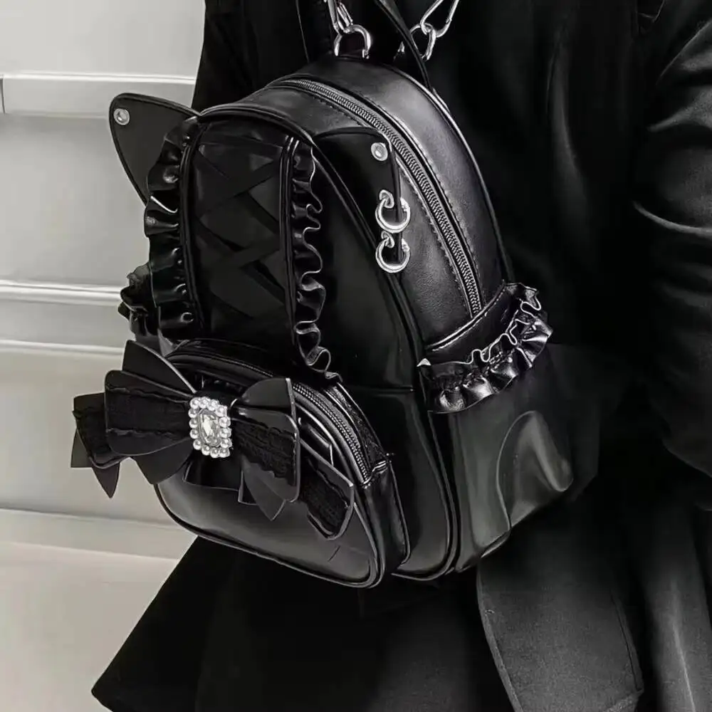 

Новые модные рюкзаки с кошачьими ушками, милые женские рюкзаки с кружевным бантом, в стиле Y2K, панк, рюкзак в стиле лолита, вместительный школьный рюкзак для девочек