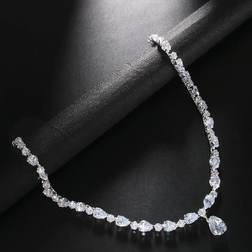 Full-diamond Zircon Necklace Wedding Accessories Simple Water Drop Pendant Chokers Bridal Marriage Collarbone Chain Neck Jewelry