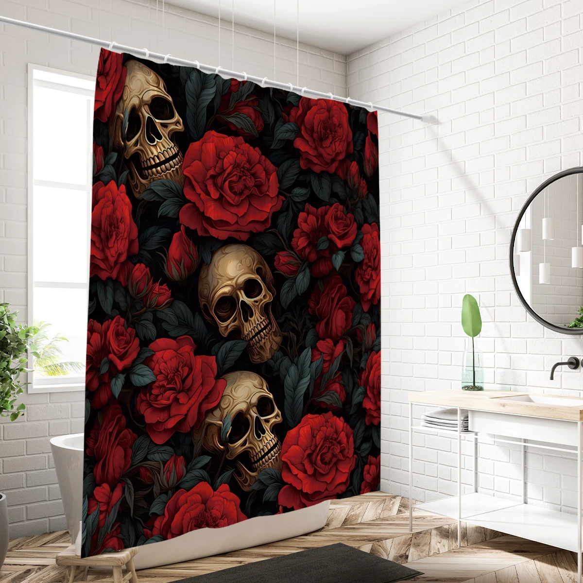 1pc waterproof fabric curtain with Halloween skull rose elements, suitable for bathrooms or kitchens
