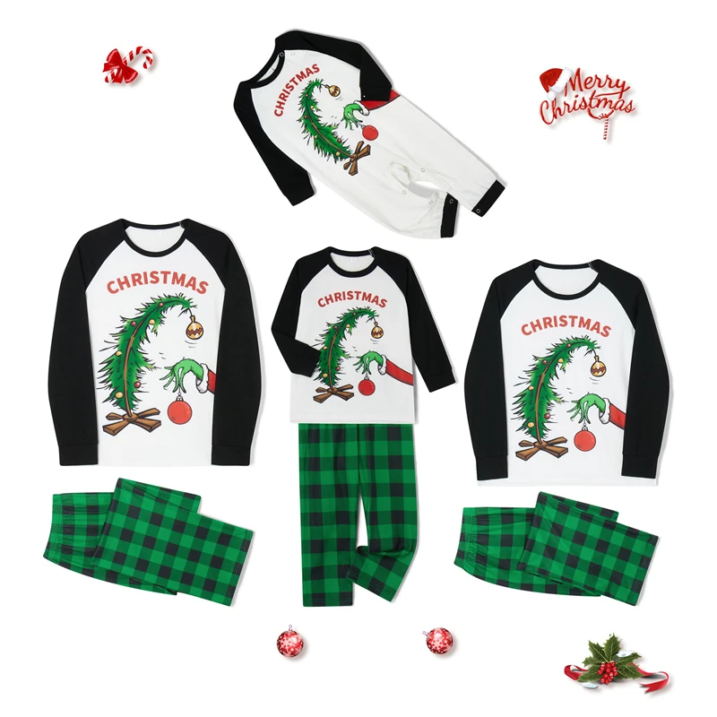 

Matching Family Christmas Pajamas Set with Long Sleeve Crew Neck Cartoon Print Tops and Buffalo Plaid Pants Sleepwear for a