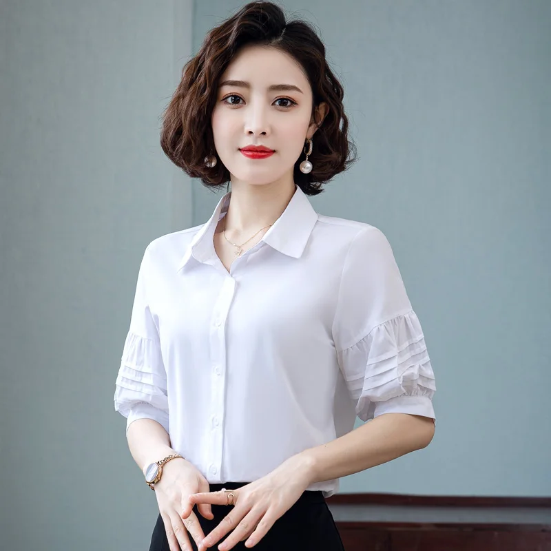 

New Spring And Summer Fashionable Casual Pleated Lantern Sleeve Shirt For Women Commuting White Mid Sleeve Professional Top