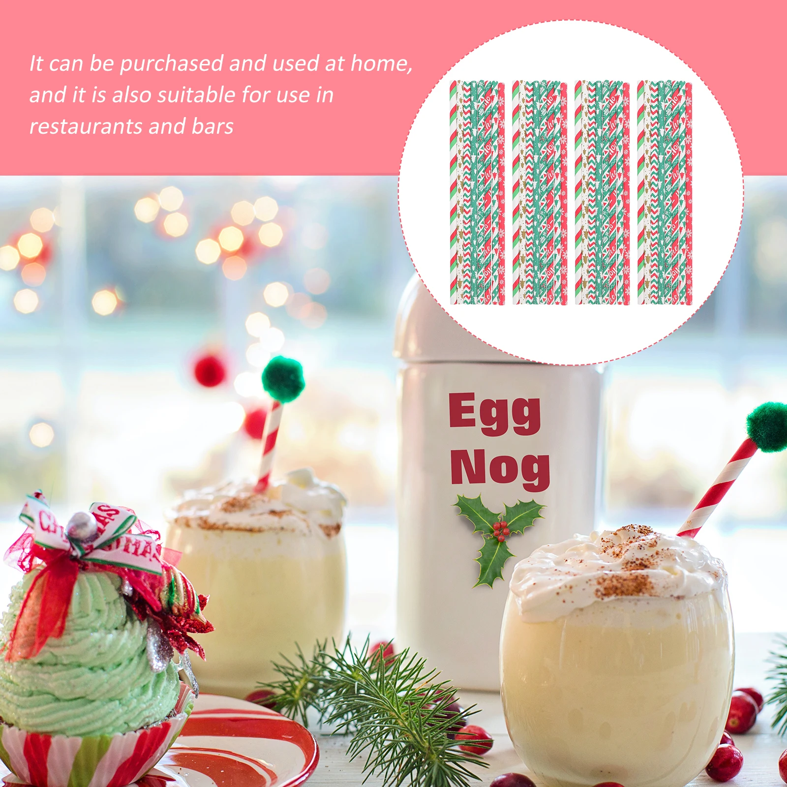 

200 Pcs Xmas Straw Paper Straws Beverage Christmas Pattern Simple Party Supplies