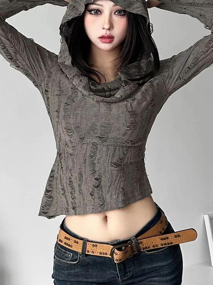 Women Sexy Hot Girl Wasteland Style Hooded T-shirt Autumn New Slim Niche Unique Design Sense Ladies Top