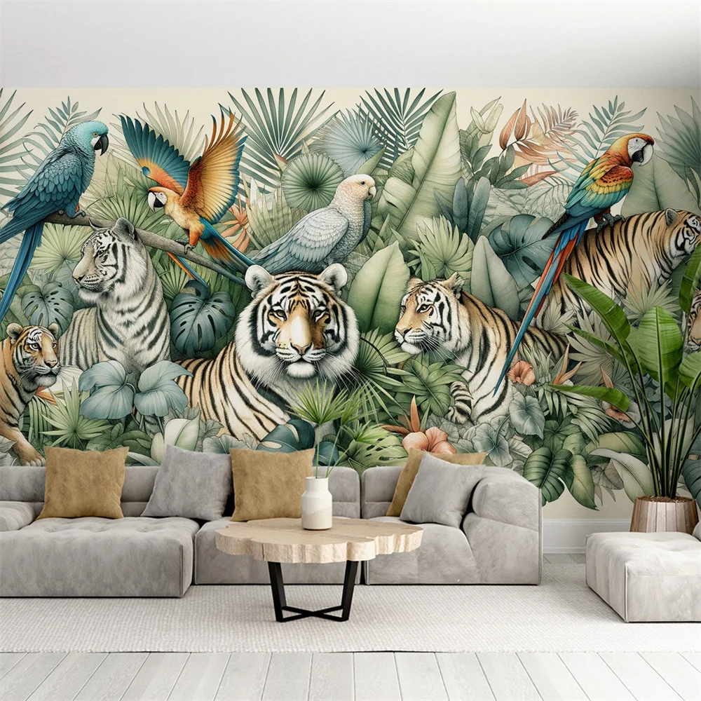 Customized 3D printed jungle wallpaper featuring tiger and parrot murals in tropical plants