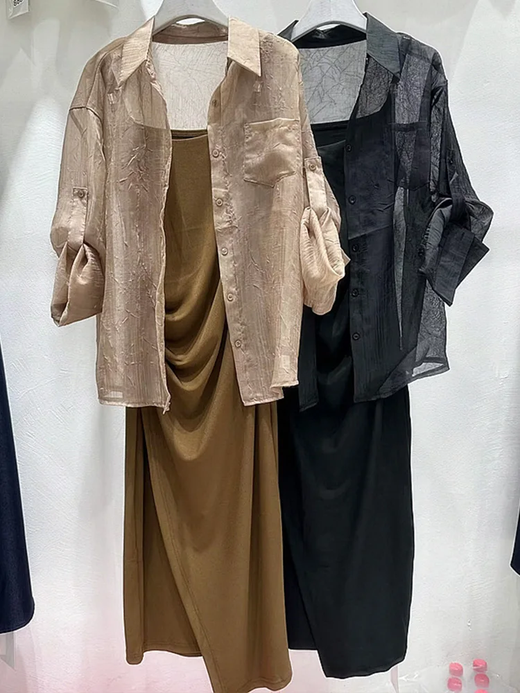 

Fashionable Sexy Long Sleeve Sun Protection Shirt Set European Style Split Strap Dress Two Piece Set Summer New Arrival