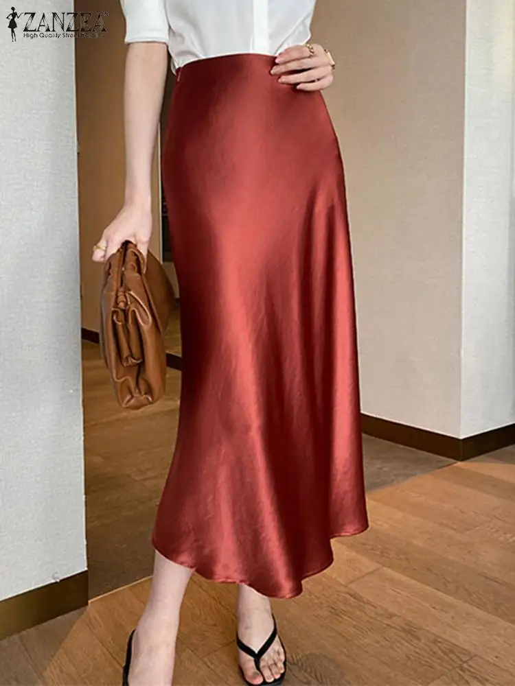 

2024 ZANZEA Women Elegant High Waist Solid Satin Skirts Summer Mid-calf Skirt Fashion Office Lady Work Jupe Casual Faldas Saia