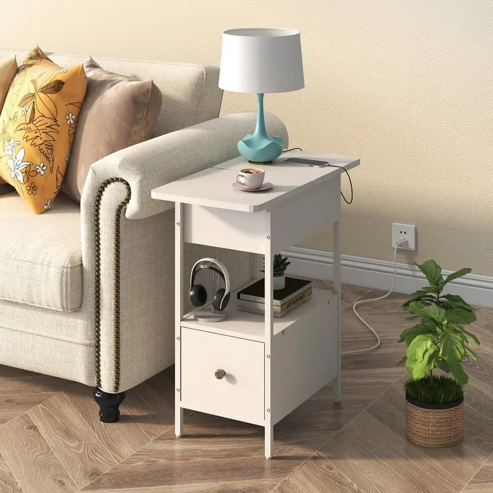 End Table with Charging Station, Narrow Side Table with Flip Top Cabinet and Fabric Drawer, Nightstand Bedside Tables for Small