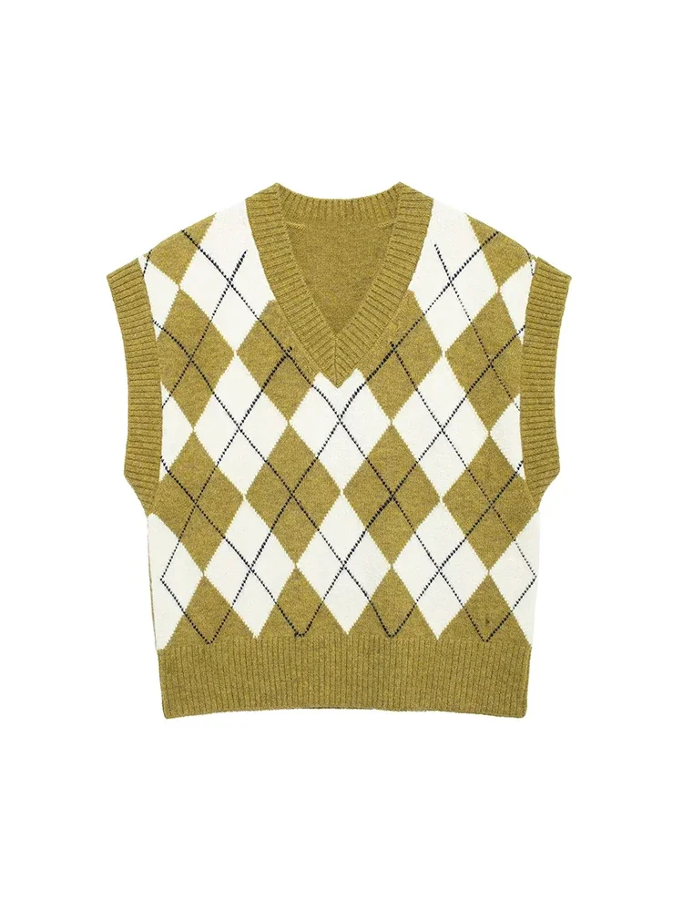 Willshela Women Fashion Jacquard Argyle Plaid Knitted Sweater Vest Vintage V-Neck Sleevelesss Female Chic Lady Tops